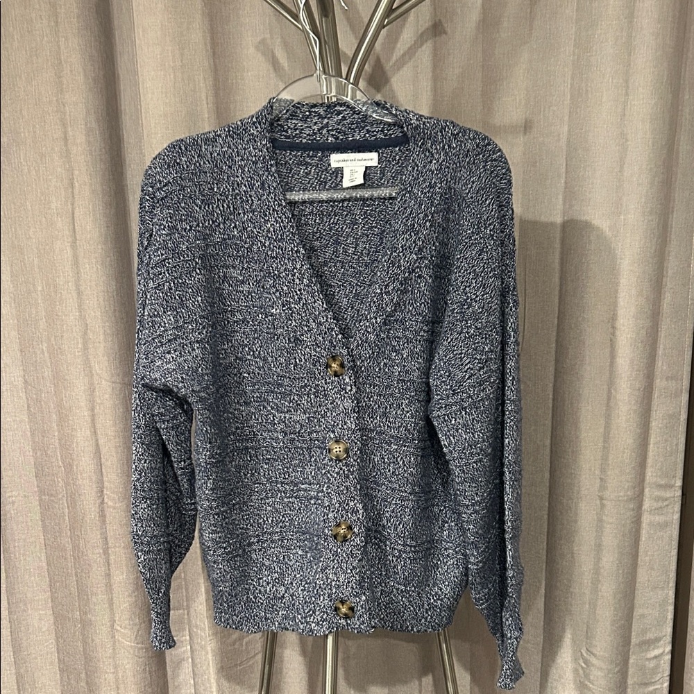 cupcakes & cashmere Marled blue Cardigan with 4 Button Front.